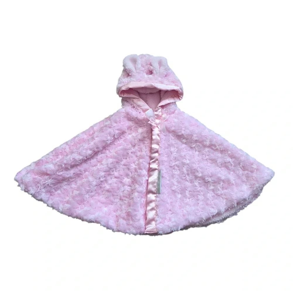 Blankets & Beyond Pink Minky Fur Hooded Ears Shawl Cape Poncho Hooded Satin Trim
